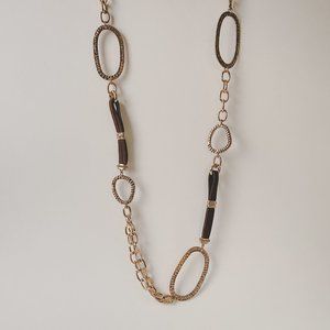Erica Lyons Boho Long Gold Chain Brown Cord Chunky Chic Hoop Statement Necklace